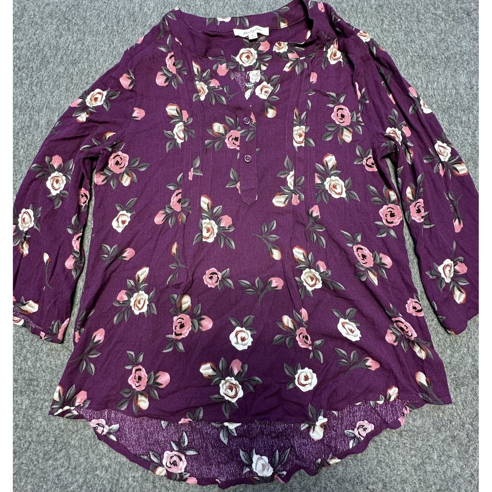 Monday Fun Shirt Womens Small Purple Floral Rayon Long Sleeve‎ Button Blouse Top